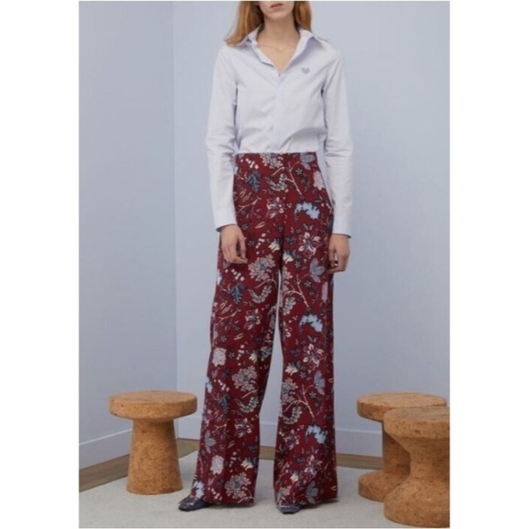 Diane Von Furstenberg Canton Brodeaux Silk Floral Pant Trouser Red Stretch Summe - Picture 1 of 16